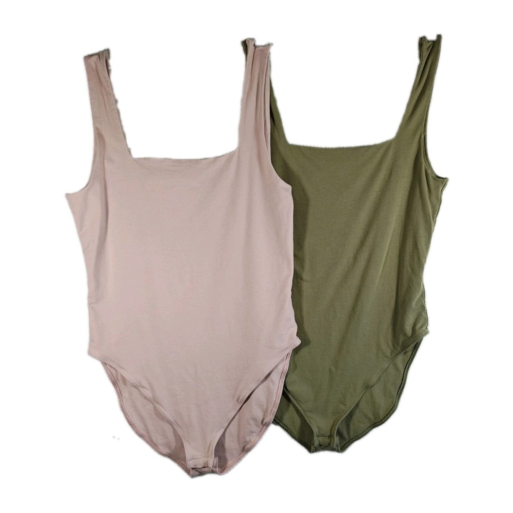 Old Navy Set Of 2 Bodysuit Women M Square Neck Tank Cotton Stretch Pink & Olive